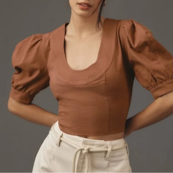 Anthropologie-Linen Blend-Scoop Neck-Puff Sleeve-Crop Corset-Rust-Size M-NWT - Picture 2 of 12